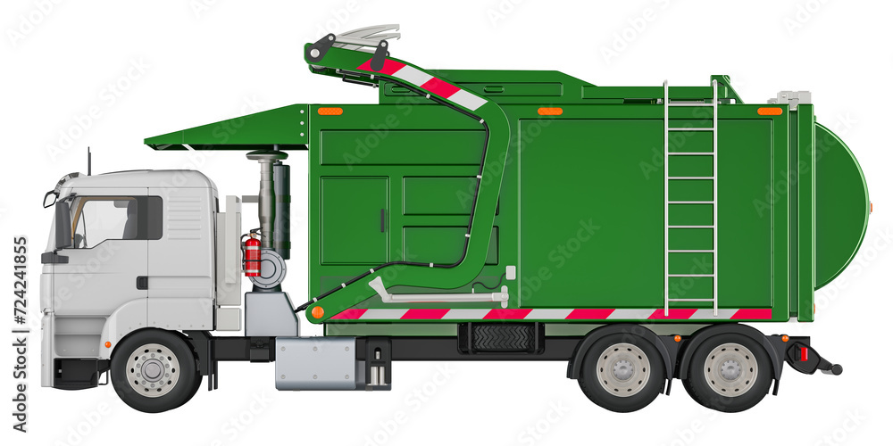 Poster green garbage truck, side view. 3d rendering isolated on transparent background