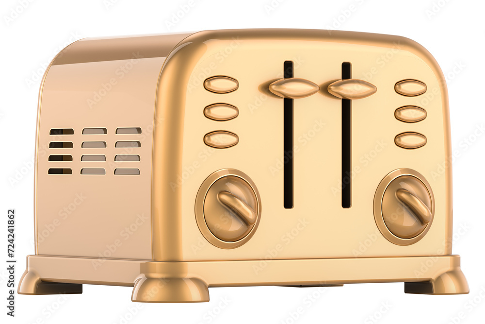 Poster golden retro toaster, 3d rendering isolated on transparent background