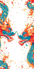 Vector double chinese dragon with confetti white background