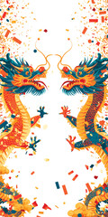 Vector double chinese dragon with confetti white background