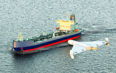 Kamikaze drone attacking on oil tanker sailing in ocean, 3D rendering - 724241870