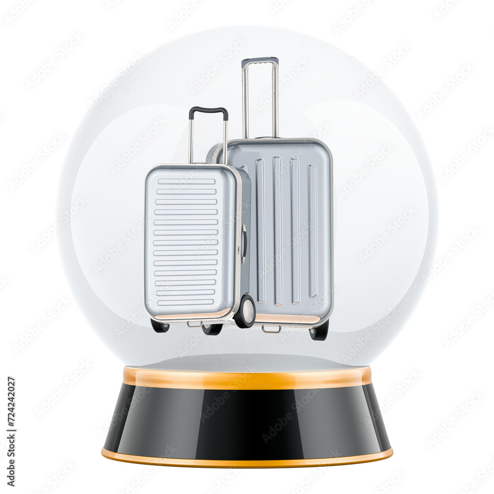 Poster travel predictions, concept. crystal ball with suitcases inside. 3d rendering isolated on transparen