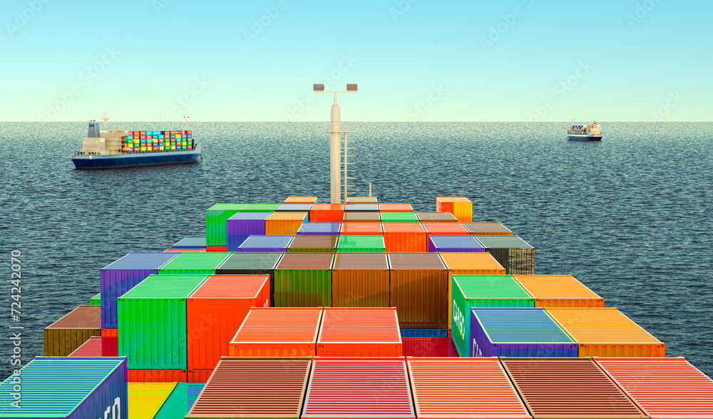 Aufkleber cargo container ships with cargo containers sailing in ocean, view from ship. 3d rendering