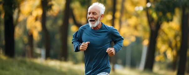 Caucasian middle-aged man running in a park