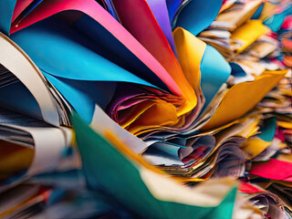 Colorful papers pile close up. 