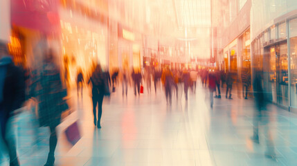 Abstract image of a bustling modern shopping mall, featuring motion-blurred figures of shoppers walking and carrying shopping bags, creating a dynamic and busy atmosphere