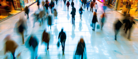 Abstract image of a bustling modern shopping mall, featuring motion-blurred figures of shoppers walking and carrying shopping bags, creating a dynamic and busy atmosphere - obrazy, fototapety, plakaty