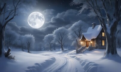 winter landscape, night sky, road going far away, roadside cottage - obrazy, fototapety, plakaty