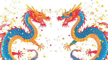 Fototapeta premium Vector double chinese dragon with confetti white background