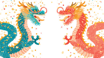 Vector double chinese dragon with confetti white background - obrazy, fototapety, plakaty