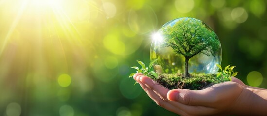 Human hand holding transparent glass globe with growing tree on nature green blur background. - obrazy, fototapety, plakaty