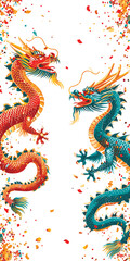 Obraz premium Vector double chinese dragon with confetti white background