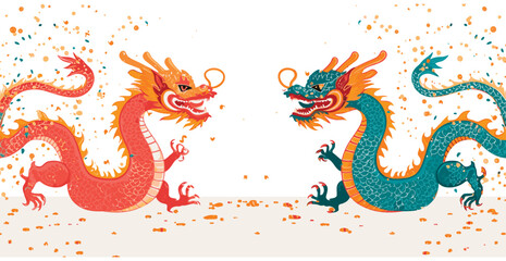 Vector double chinese dragon with confetti white background