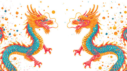 Vector double chinese dragon with confetti white background