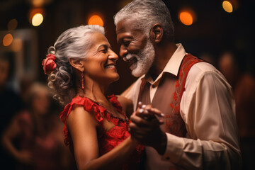 In a vibrant dance studio, a multicultural group of seniors immerses themselves in ballroom...