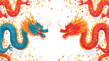 Vector double chinese dragon with confetti white background - obrazy, fototapety, plakaty