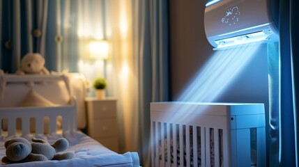 Air conditioner in baby bedroom. Kids room climate control. Infant child in crib under cool air breeze. Comfortable temperature, healthy sleep on summer night. Air conditioning device in family home - obrazy, fototapety, plakaty