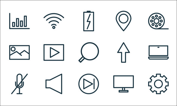 communication and media line icons. linear set. quality vector line set such as gear, next, mute, monitor, sound, picture, up arrow, gps navigation, network.
