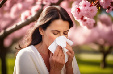 Elderly dark-haired woman blowing her nose and sneezing into a handkerchief against the background of a flowering tree. The concept of spring allergies. The season of blossoms and flower pollen