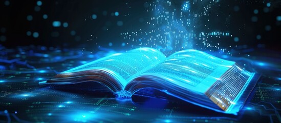 Modern futuristic open blue book for education with digital futuristic elements graphic.Generated AI