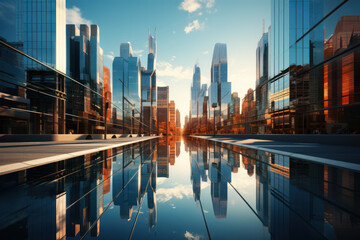 A sleek glass skyscraper pierces the skyline, reflecting the surrounding cityscape like a...
