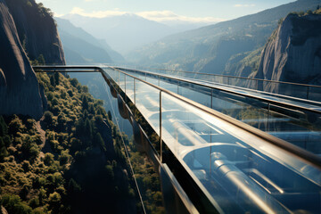 A sleek glass bridge spans a chasm, providing a transparent pathway that connects two cliffs,...