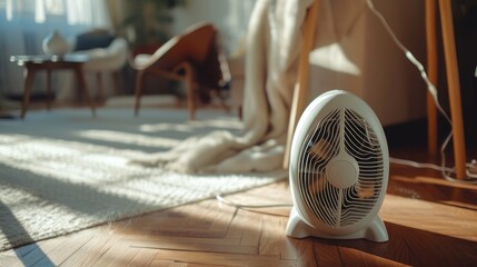 close up shot of portable heater on floor at home. closeup of white electric fan heater on floor in living room. climate, temperature in the house concept - obrazy, fototapety, plakaty