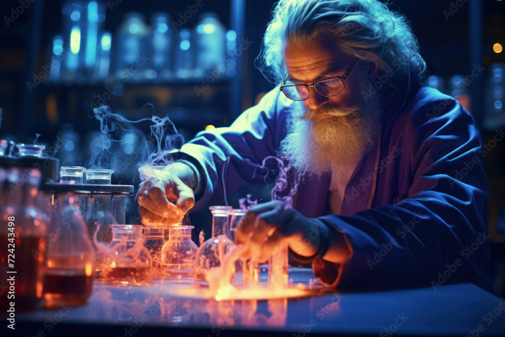 Poster a scientist observes a chemical reaction through a glass beaker, witnessing the transformative proce