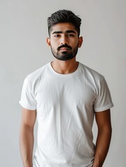 Confident Caucasian man in tailored white pants and crisp white t-shirt, posing against a sleek grey backdrop. Sharp, detailed image with striking posture and modern, sophisticated style