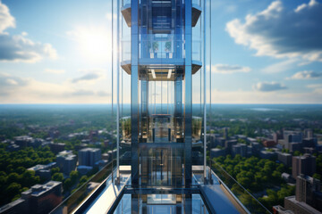 A sleek glass elevator ascends a skyscraper, offering panoramic views of the city skyline and...
