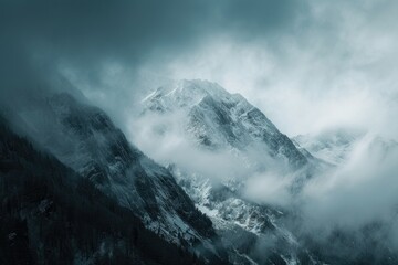 Snow-covered peaks and fluffy clouds create a majestic scene with diffused light. The sharp-focus, hyper-realistic image captures pure white mountains, bathed in a blanket of shadows