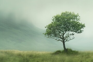 Solitary tree in lush green fields, sharp-focus, sturdy trunk, textured bark, vibrant leaves, sunlight casting intricate shadows in misty Scottish landscape.