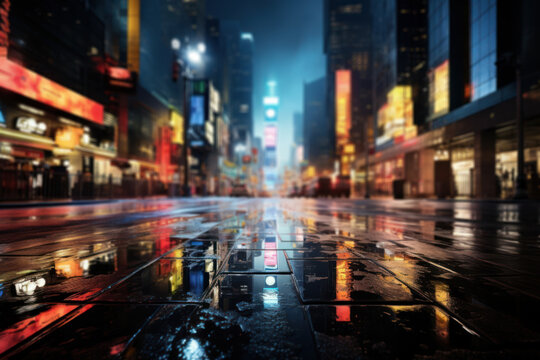 Fototapeta A photographer captures the play of city lights on rain-slicked streets, creating a reflective canvas that mirrors the urban energy after a rainfall.  Generative Ai.