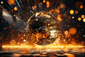 A disco ball spins, scattering fragments of light across a dance floor, creating a lively and energetic atmosphere that defines the essence of nightlife.  Generative Ai.