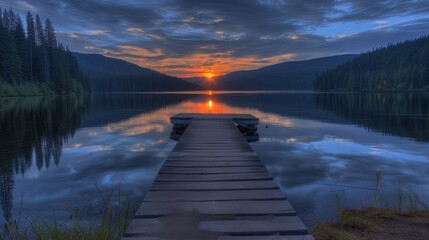 Fototapeta premium Dock Floating on a Quiet Lake Surrounded by Natures Beauty.