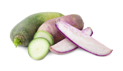 Purple and green daikon radishes isolated on white