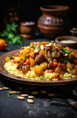 Obraz na płótnie Canvas A plate of Moroccan couscous with meat and vegetables, topped with raisins and almonds. Generative AI.