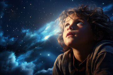 A child's eyes widen with wonder as they gaze at a sky full of stars, captivated by the vastness and mystery of the cosmos. Concept of youthful celestial fascination. Generative Ai.