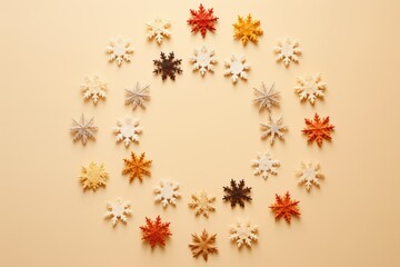 Snowflakes. Winter background. Cozy colors. wallpaper. Felt is a handicraft. Flat lay, top view, copy space
