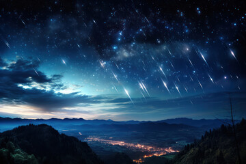 A meteor shower streaks across the night sky, leaving trails of celestial brilliance that ignite a...