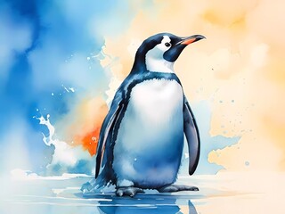 penguin on watercolor background high quality photo 