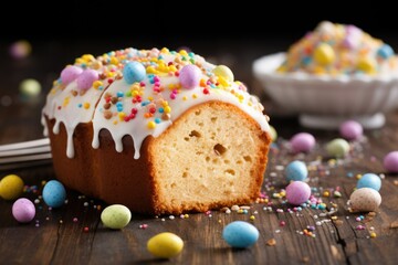 Obraz na płótnie Canvas easter bread. easter cake with sugar glaze and colored sprinkles. panetone. traditional pastries, colored eggs
