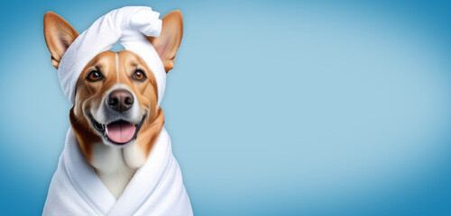 Banner with a portrait happy dog wrapped in a white terry towel on a blue blurred background with space for text or graphic design. Pet spa, dog grooming, pet grooming - obrazy, fototapety, plakaty