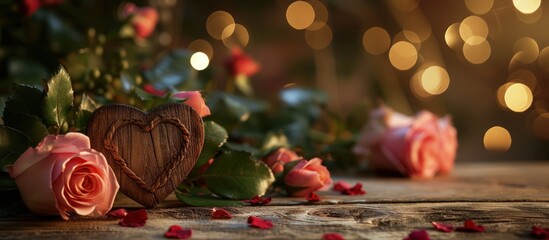 Bouquet of pink roses flower with wooden heart shaped on blur background. Generated AI image