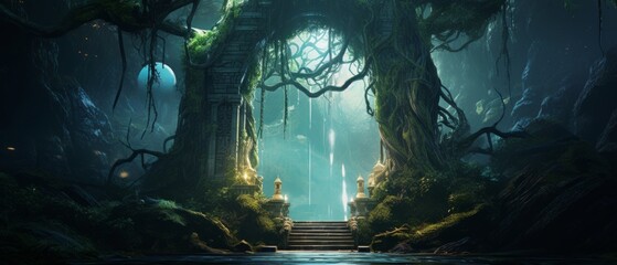 gate to a fantasy realm, giant living trees