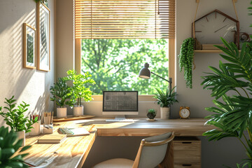 A cozy corner office with a window view, natural light, and indoor plants, creating a calm and refreshing work environment. Concept of biophilic design in home offices. Generative Ai.