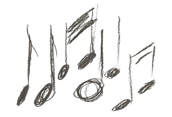 Musical notes, hand draw, chalk sketching isolated on white