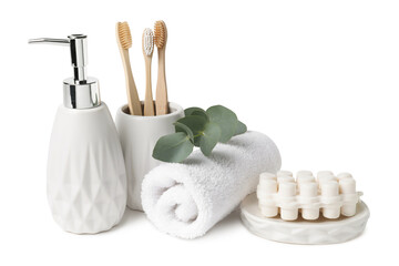 Fototapeta na wymiar Bath accessories. Set of different personal care products and eucalyptus leaves isolated on white
