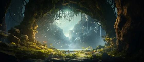 Poster Nordlichter gate to a fantasy realm, giant living trees