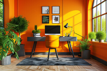 A brightly colored home office, using vibrant hues to stimulate energy and creativity. Concept of color psychology in home office design. Generative Ai.